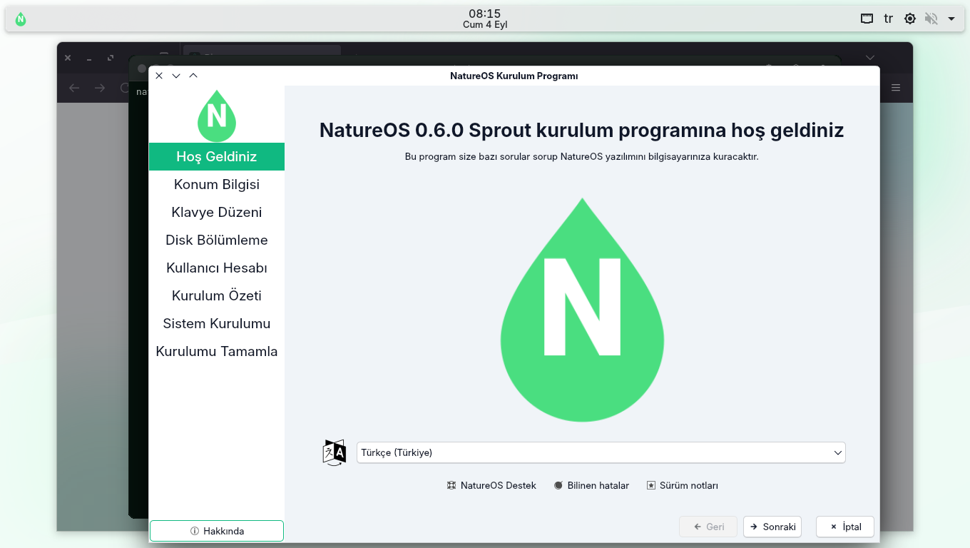 NatureOS kurulum programının Türkçe hoş geldiniz ekranı